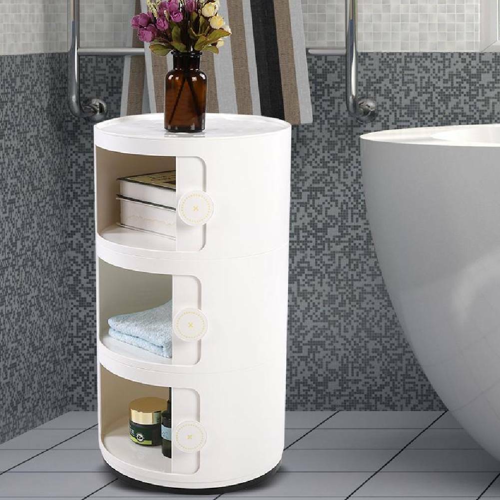 3 Tier Round Bedside Cabinet Slide Drawer Storage Unit ABS Cupboard Bathroom