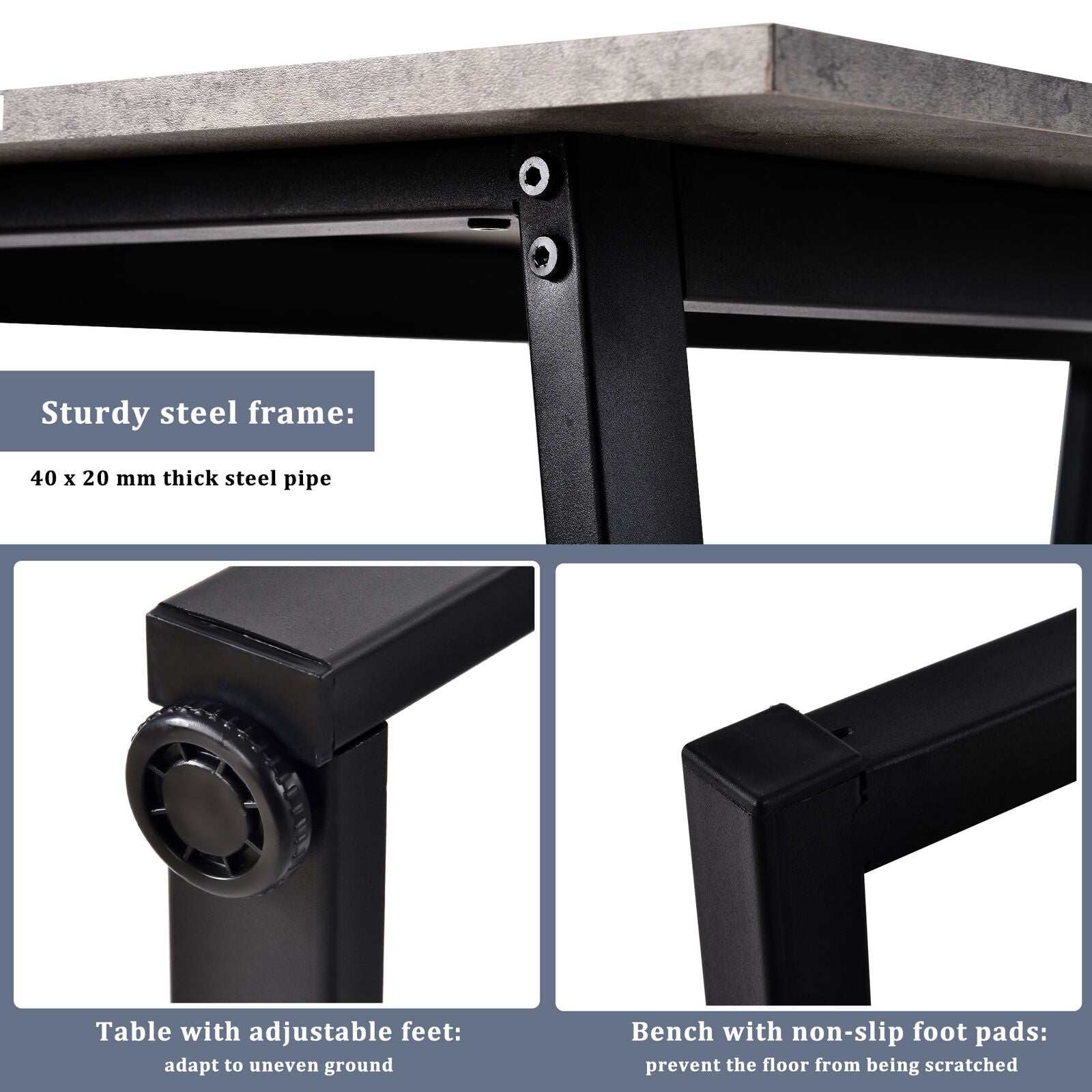 4-Seater Dining Table Set with 2 Benches Breakfast Kitchen Furniture Steel Frame