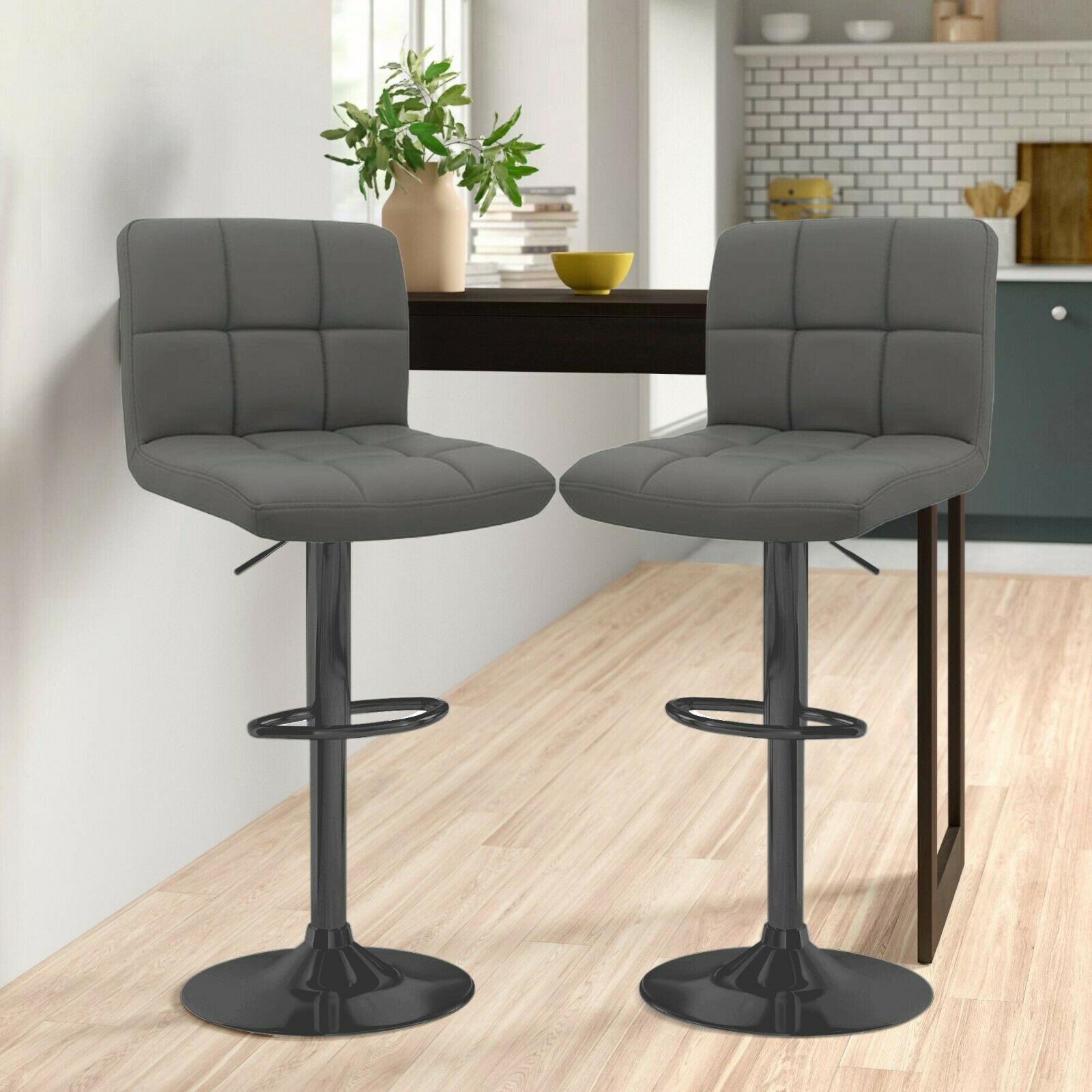 2x Matt Matte Black Gas Lift Swivel Faux Leather Kitchen Breakfast Bar Stools