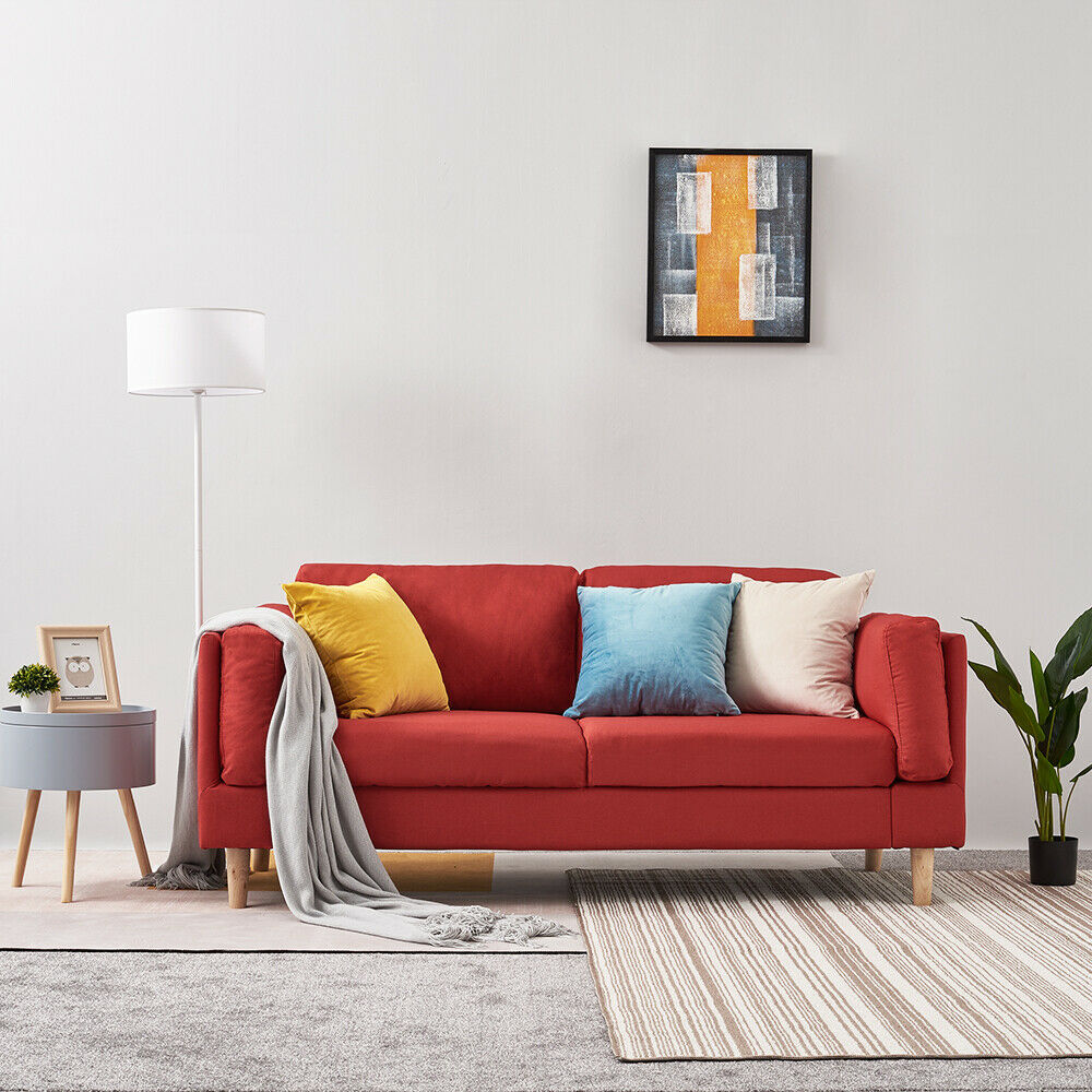 3 Seater Red Linen Fabric Sofa Couch Chair Settee with Armrest Home Living Room