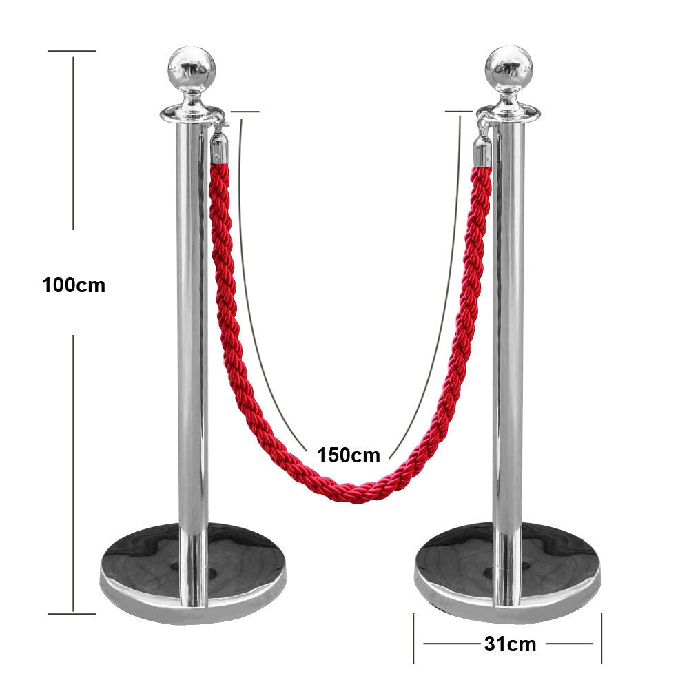 2pc Polished Steel Queue Rope Barrier Velvet Rope Stanchion Posts Stands 3 color