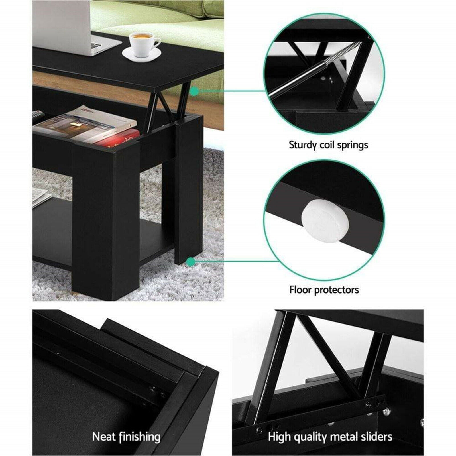 Black Wooden Coffee Table With Storage Lift Top Up Drawer Living Room Furniture