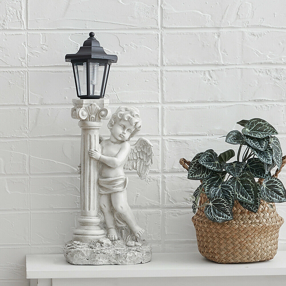 Resin Angel Statue with Lantern Solar Power Garden Lamp Post Figurine Ornament