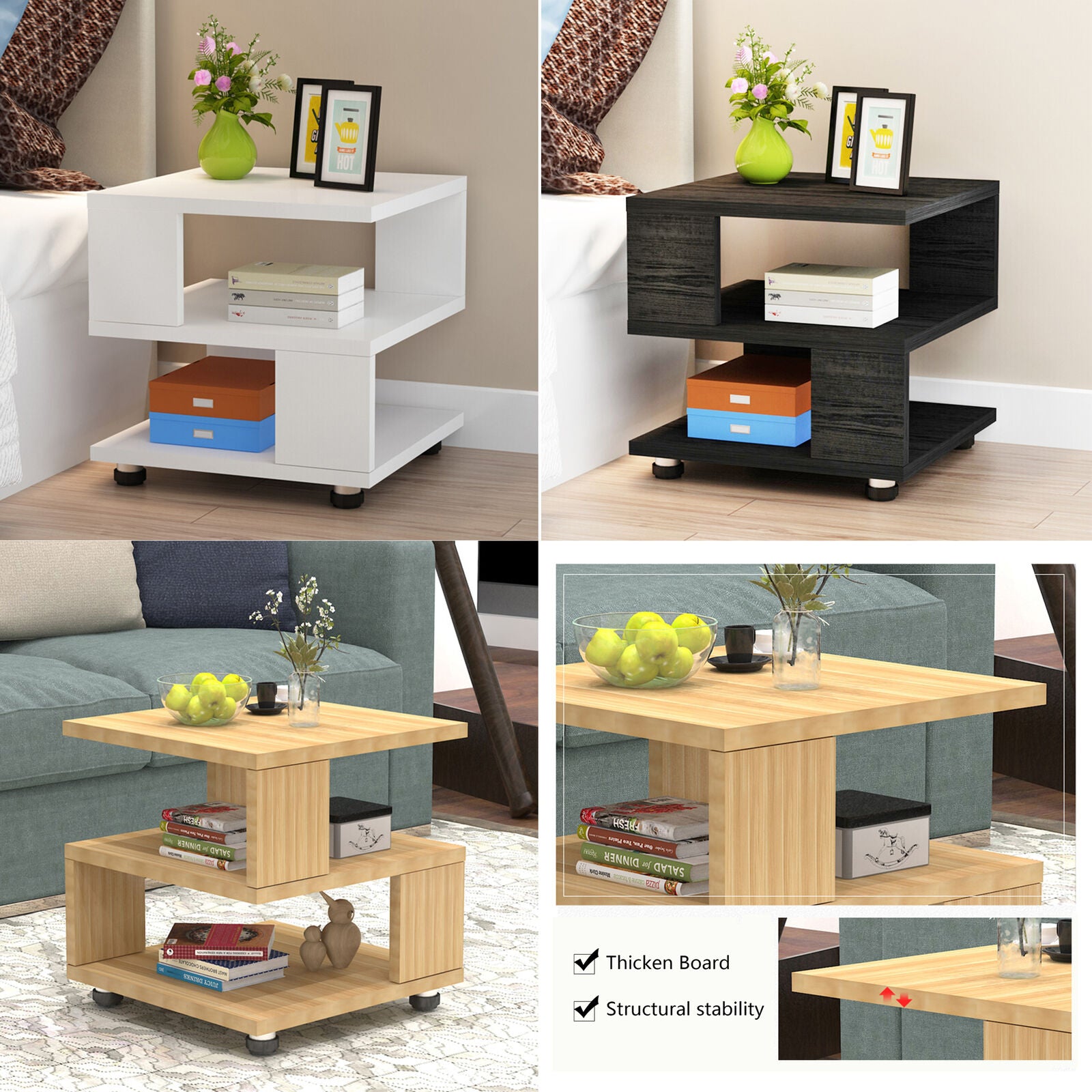 3 Tier Wooden Side End Table Nightstand Furniture Living Room Bedroom Storage