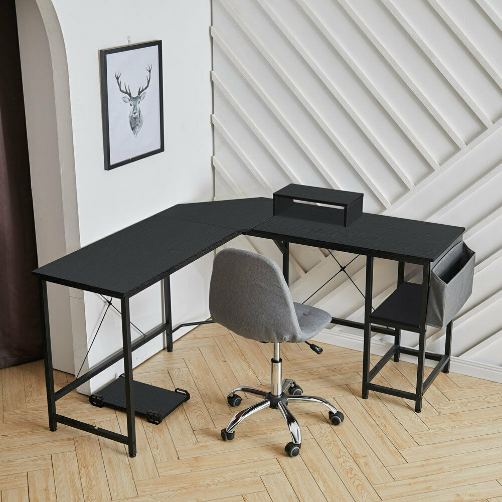 L Shaped Computer Corner Desk Table with Monitor Stand/Shelf/Si