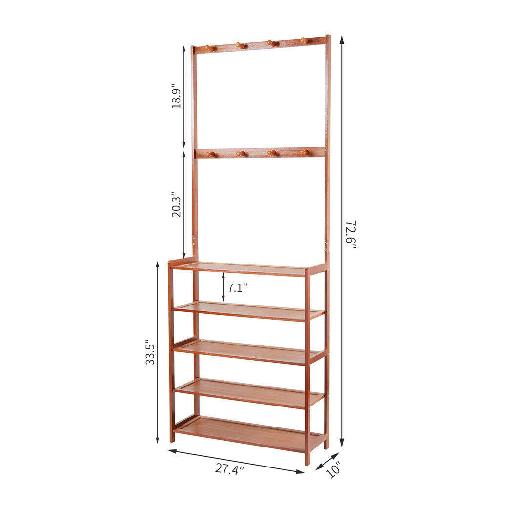 Retro Door Coat Rack Hooks with 5 Tier Shoe Shelves Integrated Storage Furniture
