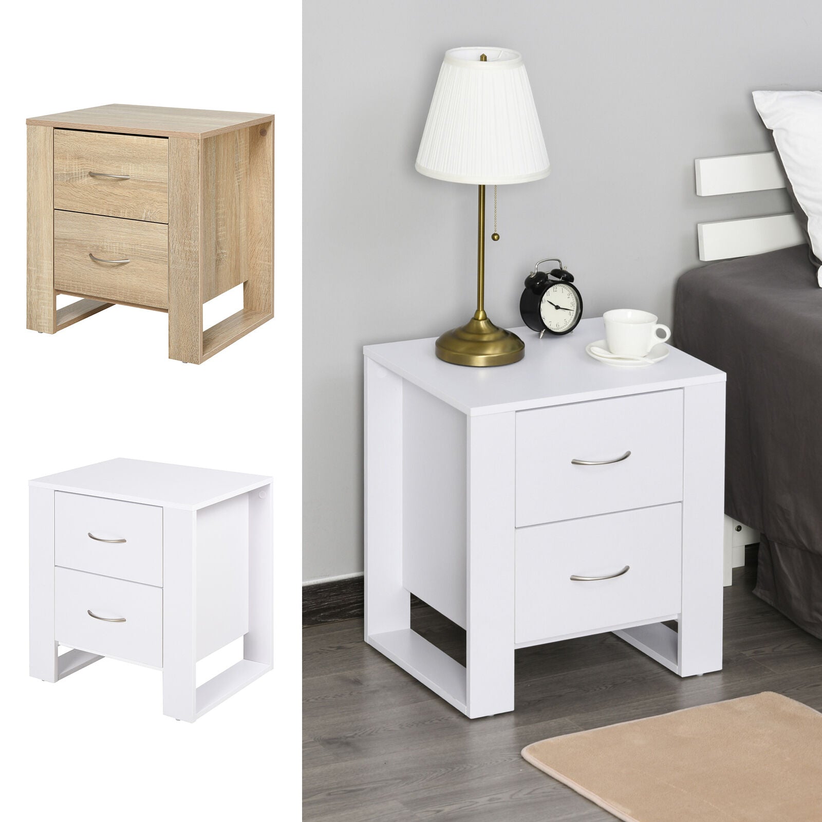 2 Drawer Modern Boxy Bedside Table Nightstand w/ Elevated Base Stylish Bedroom
