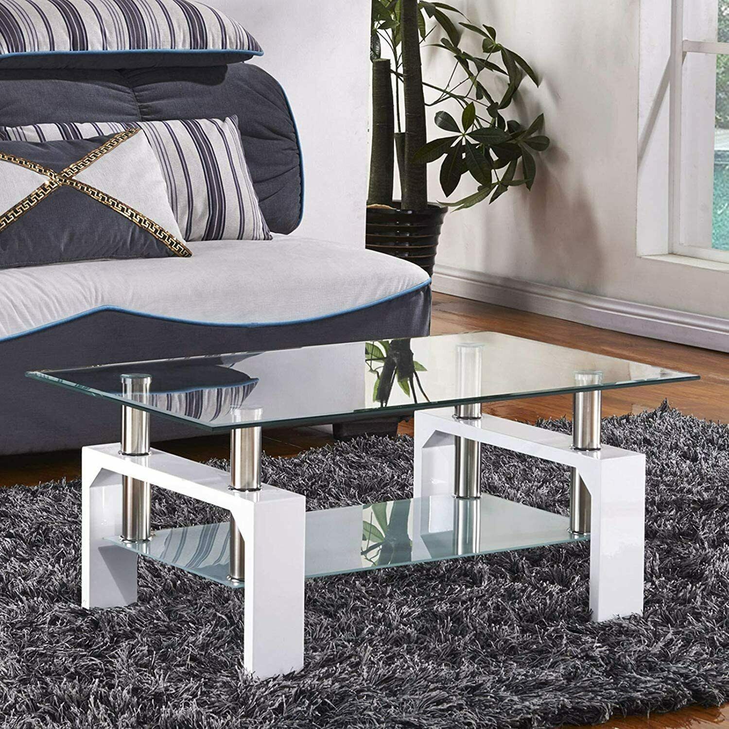 Tempered Glass Chrome Living Room Coffee Table, Black Modern Rectangle Tea Table