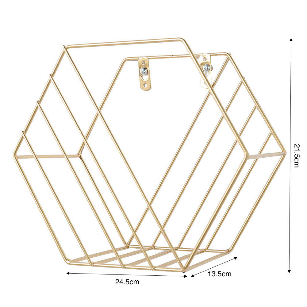 2x Hexagon Metal Wire Wall Shelf Home Decor Magazine Storage Floating Shelf Gold