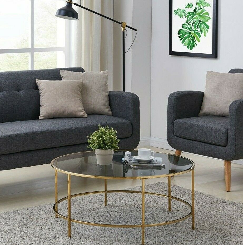 Round Coffee Table Gold With Smoked Glass Centre Table Living Room Furniture