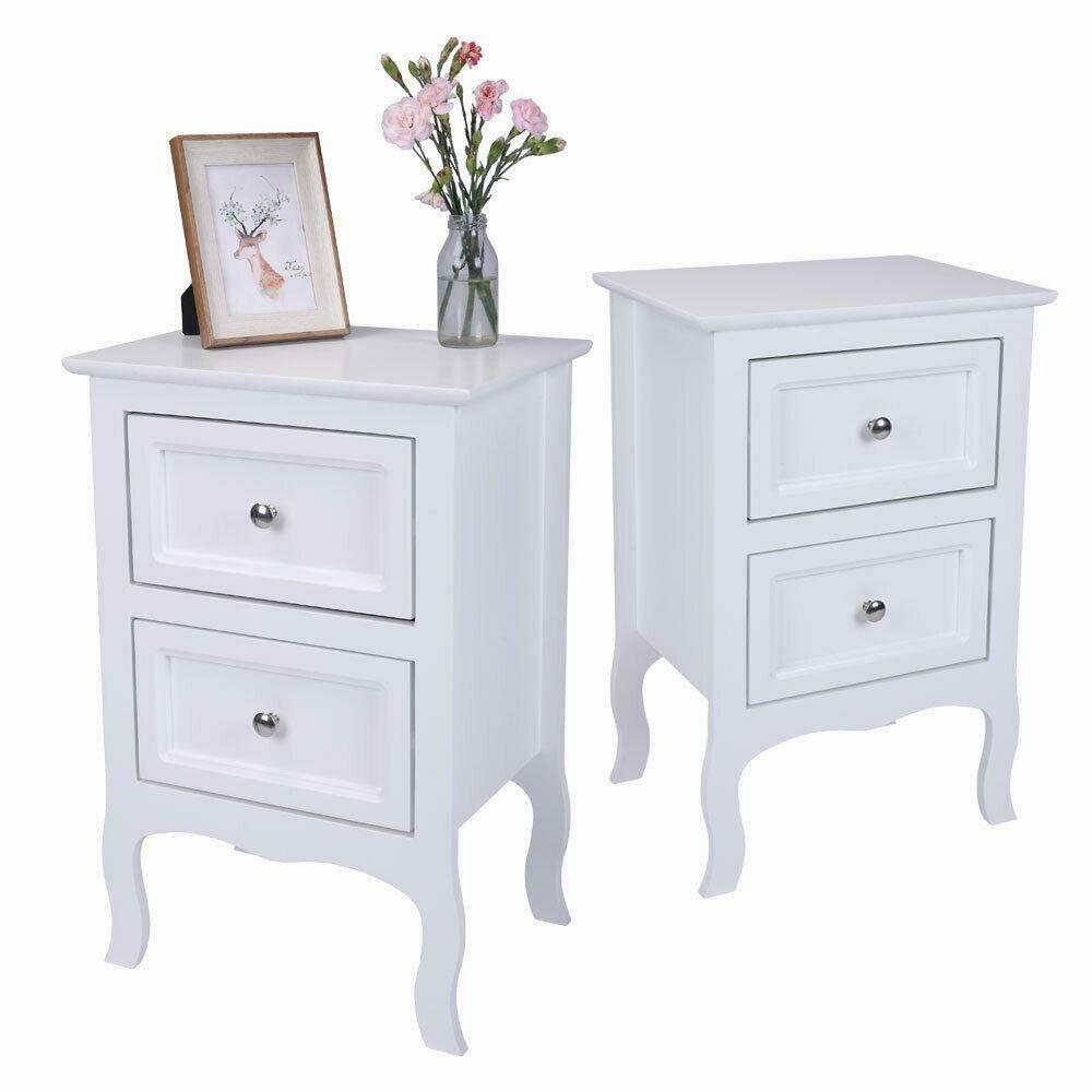 Pair of White Bedroom Bedside Table Unit Cabinet Nightstand with 2 Drawers