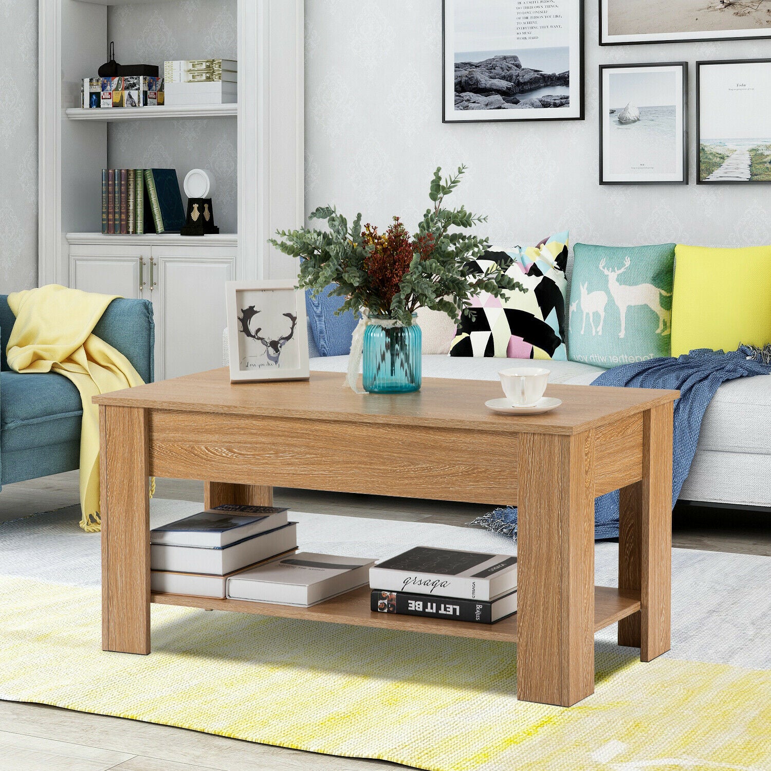 Hydraulic Lift Up Coffee Tea Table End Table with Living Room 100cm Wodden