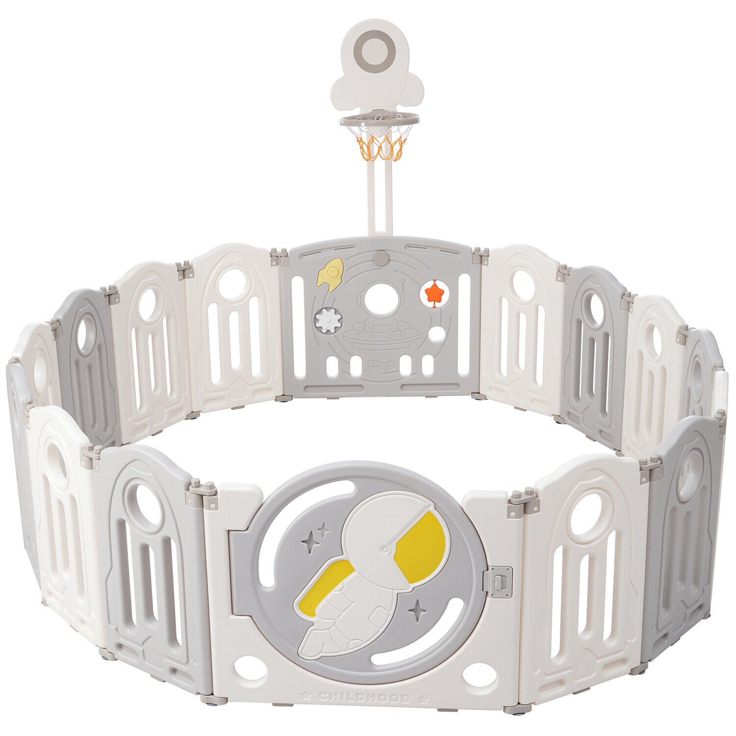 Foldable Baby Playpen with Activity Panel and Basketball Hoop 16 Panels Grey HT