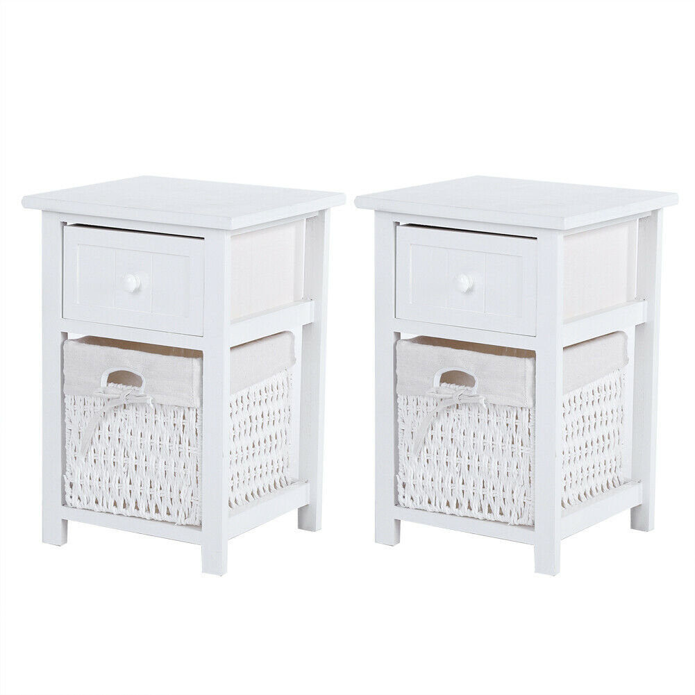 2x Wooden Bedside Tables Nightstand Cabinet Storage Drawer Wicker Basket Unit