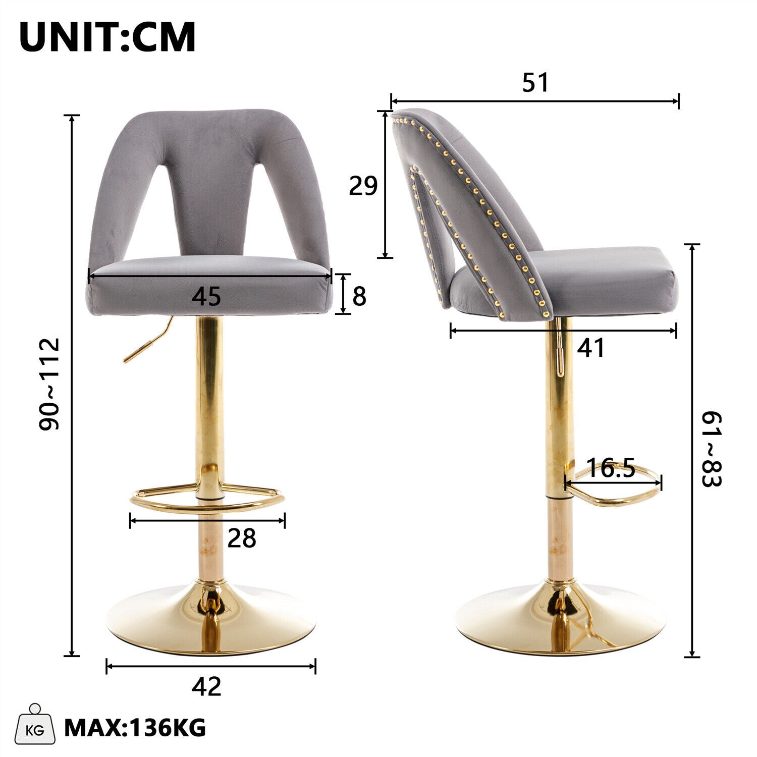 Bar Stools Set of 2 Upholstered Velvet Adjustable Height Swivel Bar Chairs Grey