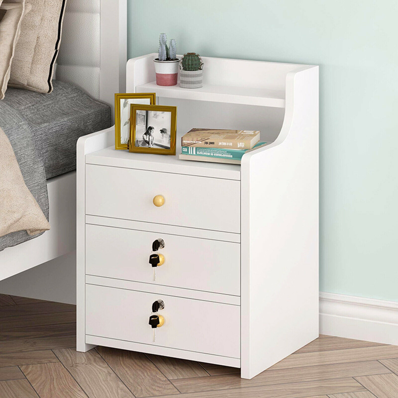 Bedside Tables NightStand Cabinet Chest Storage With Lock key 2/3 Drawer Bedroom