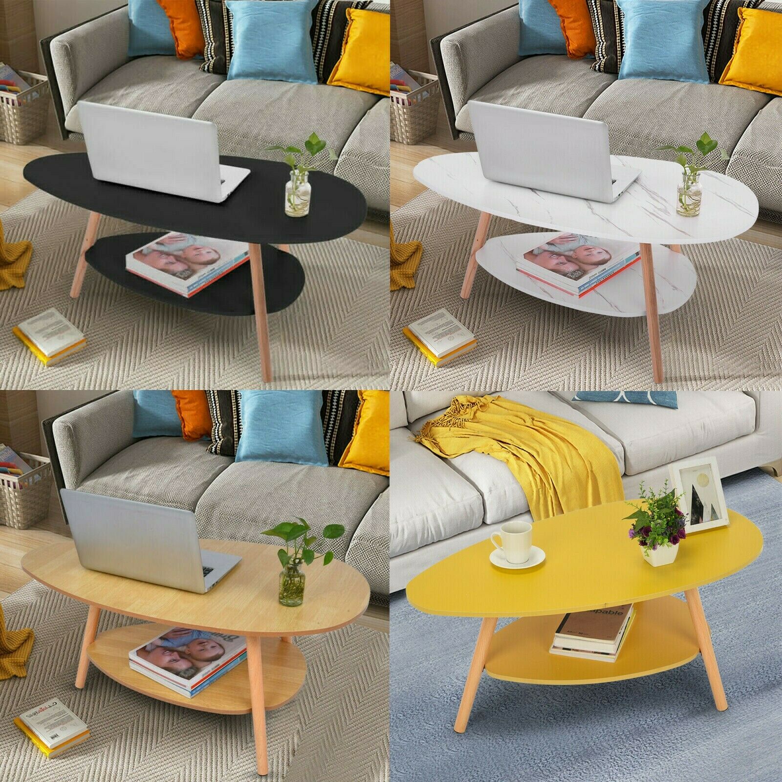 Coffee Table Wooden Legs Side Table Living Room Balcony Home Office Oval Design