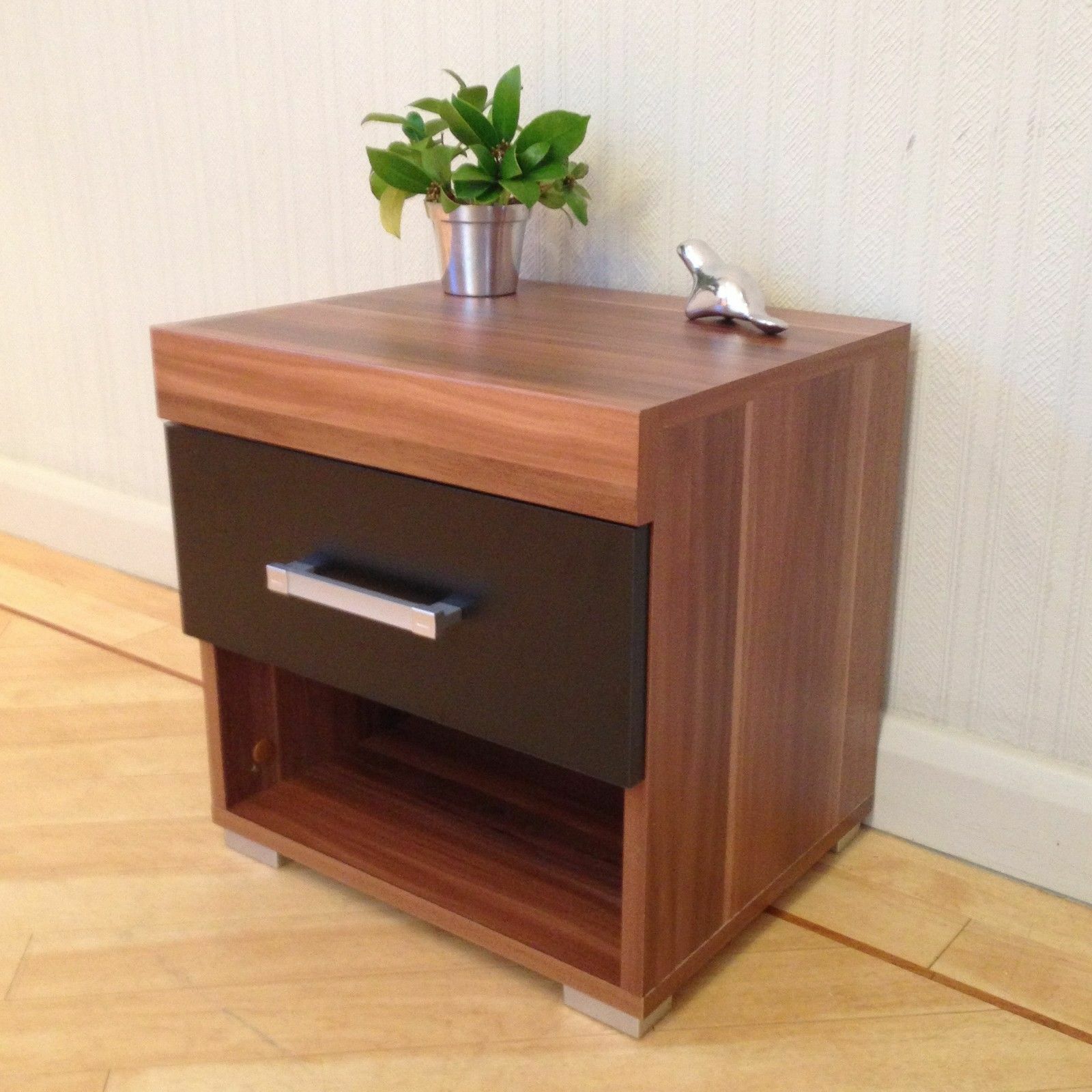 Black & Walnut Bedside Table / Cabinet with 1 Drawer Bedroom Furniture *NEW*