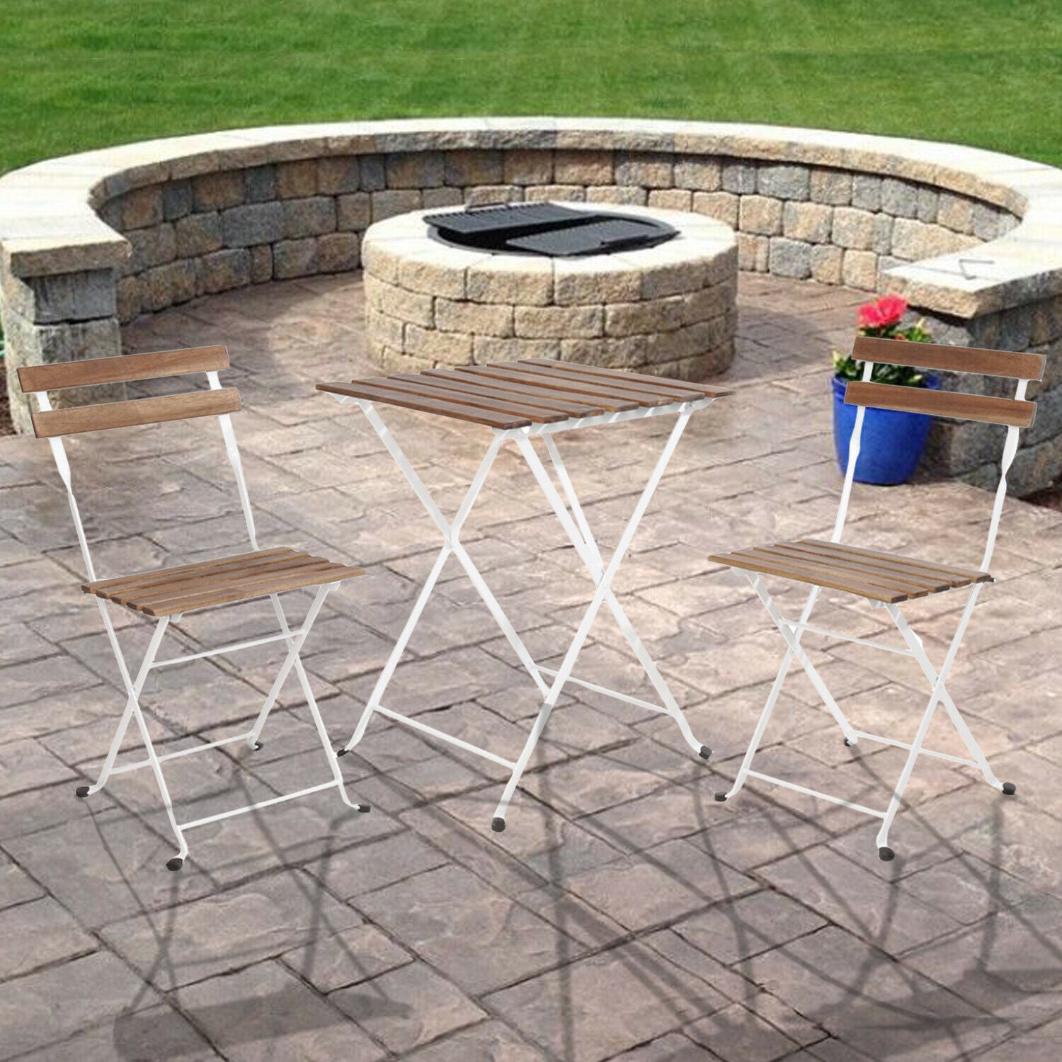 3 Pce Bistro Set Outdoor Garden Wood Metal Table Patio Furniture Folding Chairs