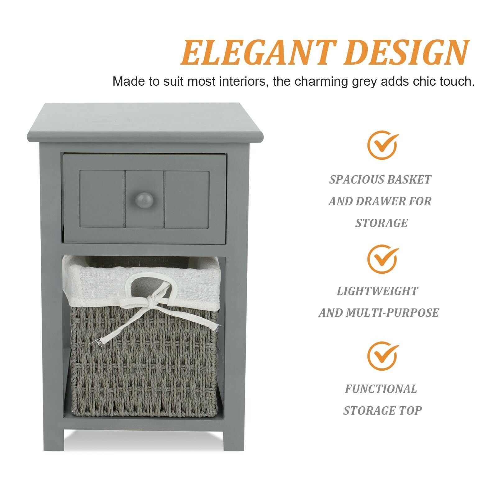 New Grey Bedroom Bedside Table Unit Cabinet Nightstand Wicker Storage Wooden UK