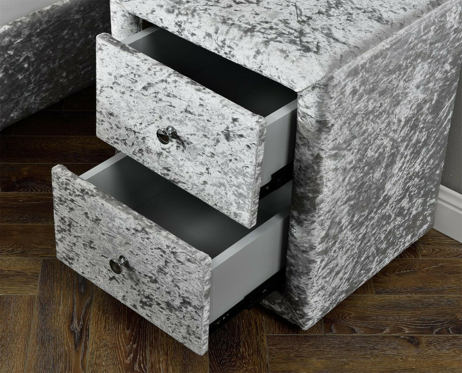 Modern Bedside Fabric Table 2 Drawer Silver Crushed Velvet Nightstand Cabinet