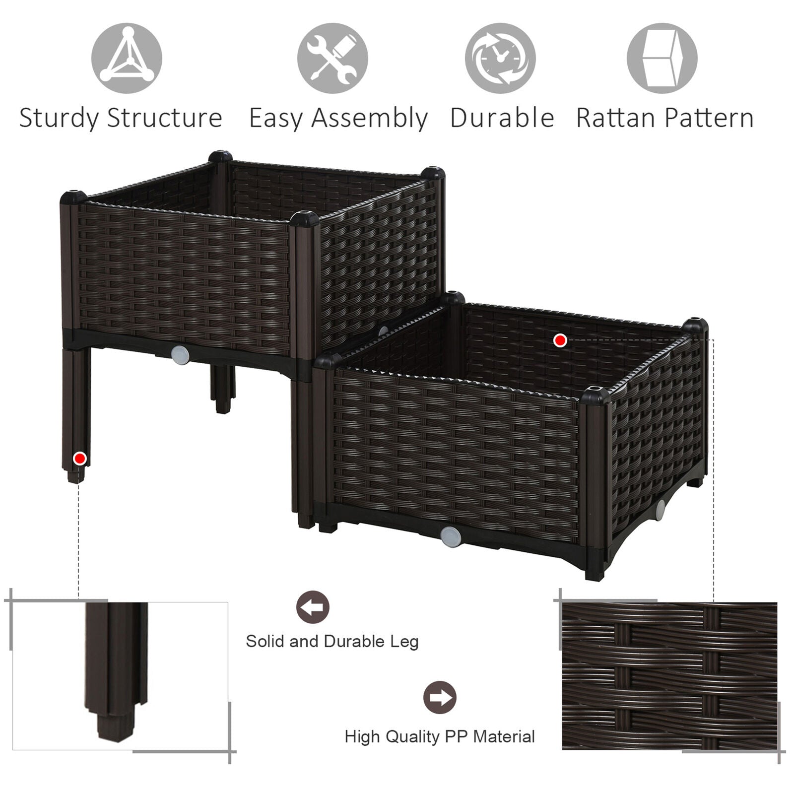 2PC Raised Flower Bed Vegetable Herb Lightweight -40L x 40W x 26-44H cm