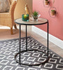 Round Tea Table Sofa End Side Oak Finish Black Metal Table Living Room Furniture