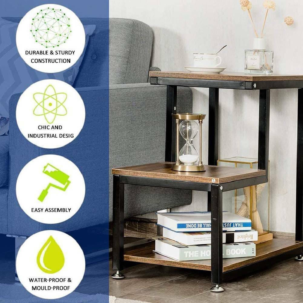 Industrial Bedside Table 3 Shelves Vintage Nightstand End Side Cabinet Stand