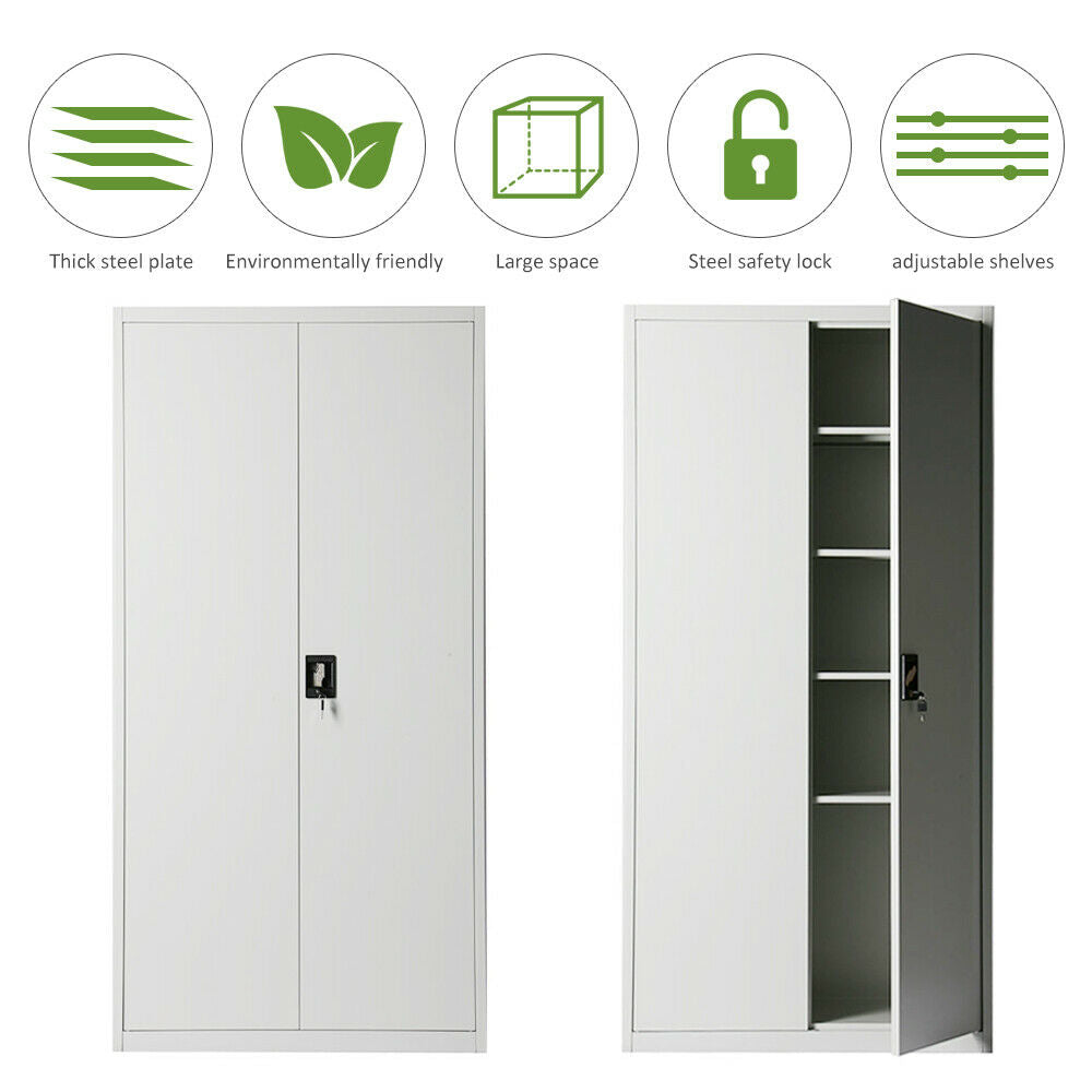 180cm Office Storage Lockable Cupboard Filing Cabinet Steel Metal Light Grey Key