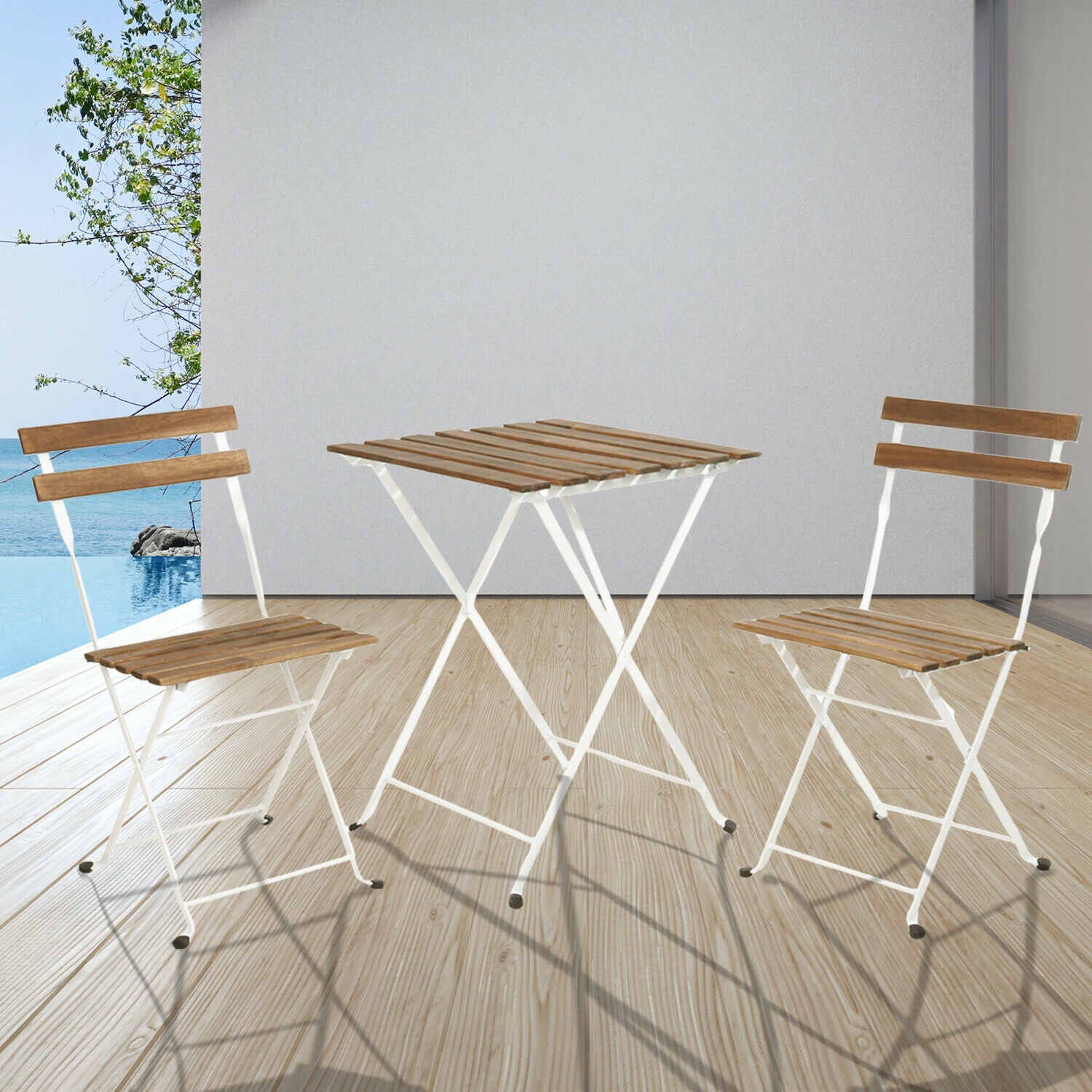 3 Pce Bistro Set Outdoor Garden Wood Metal Table Patio Furniture Folding Chairs