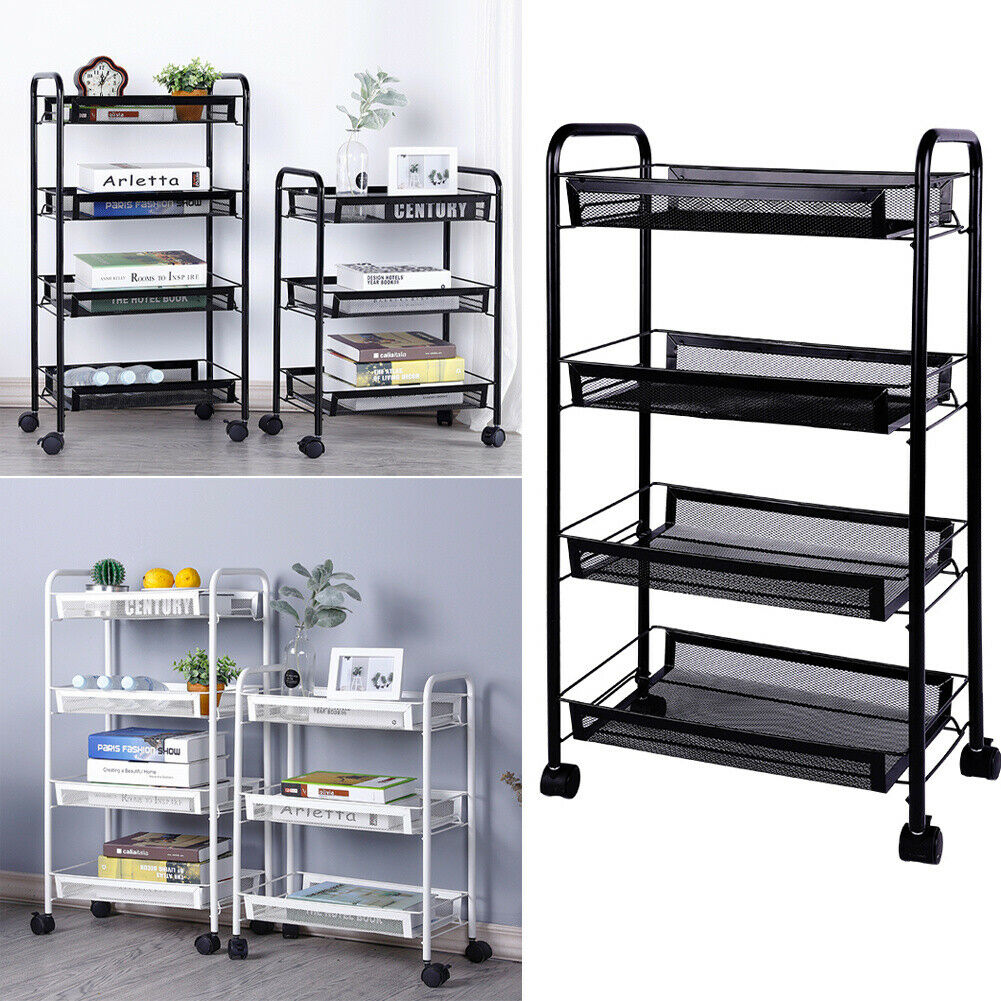 3 4 Tier Metal Mesh Rack BarStorage Trolley Cart Kitchen Bathroom Shelf w/Wheel