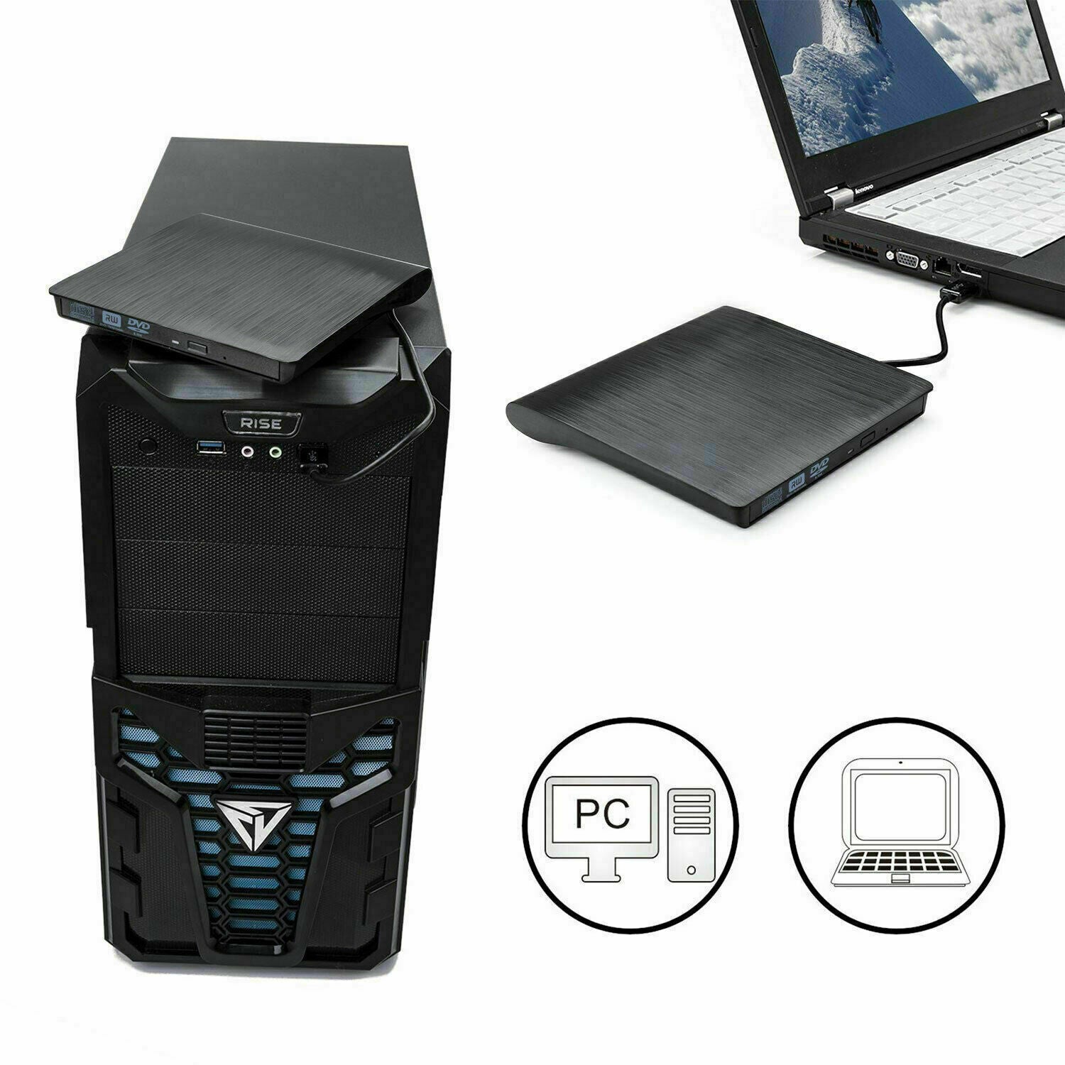 Slim External USB 3.0 DVD RW CD Writer Drive Burner Reader Player For Laptop PC