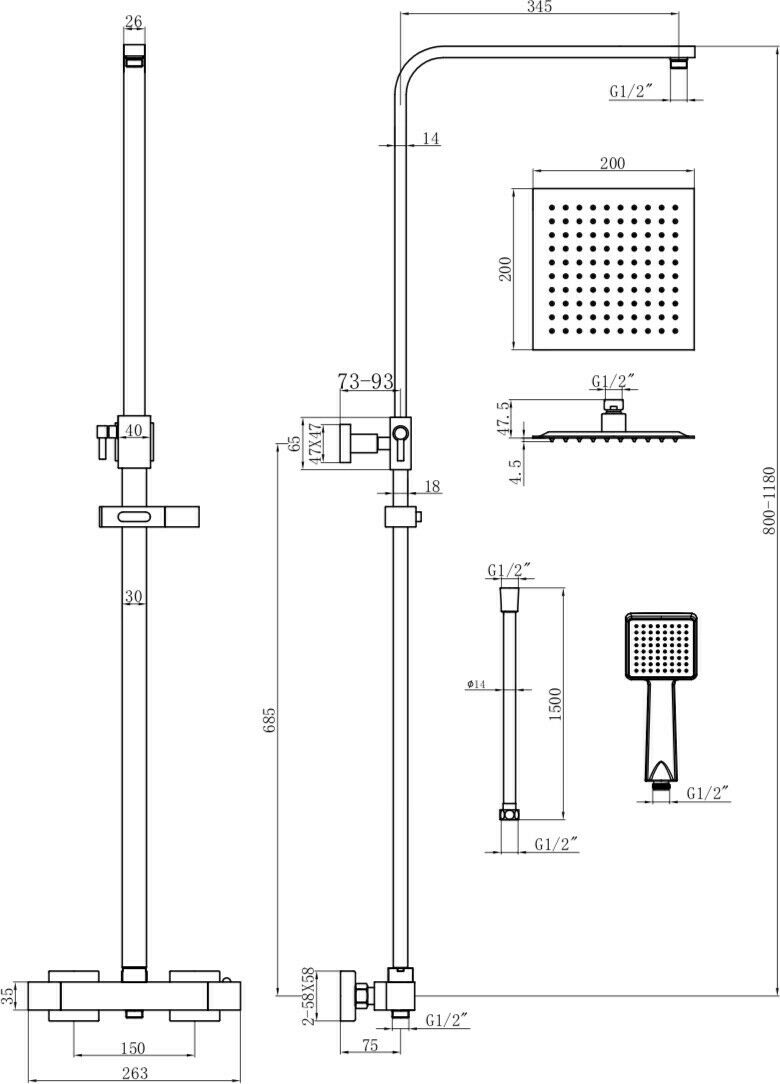 Bathroom Thermostatic Mixer Shower Set Square Black Twin Head Exposed Valve