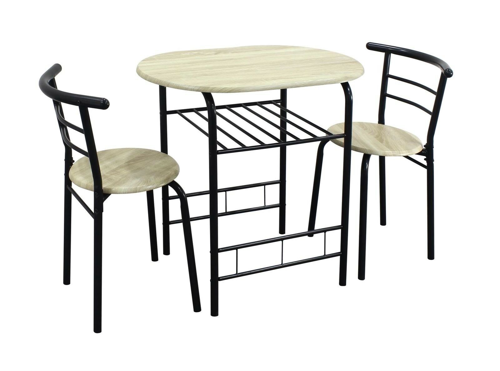 3 Piece Modern Dining Table and 2 Chairs Set Light Oak Black Metal Frame Kitchen