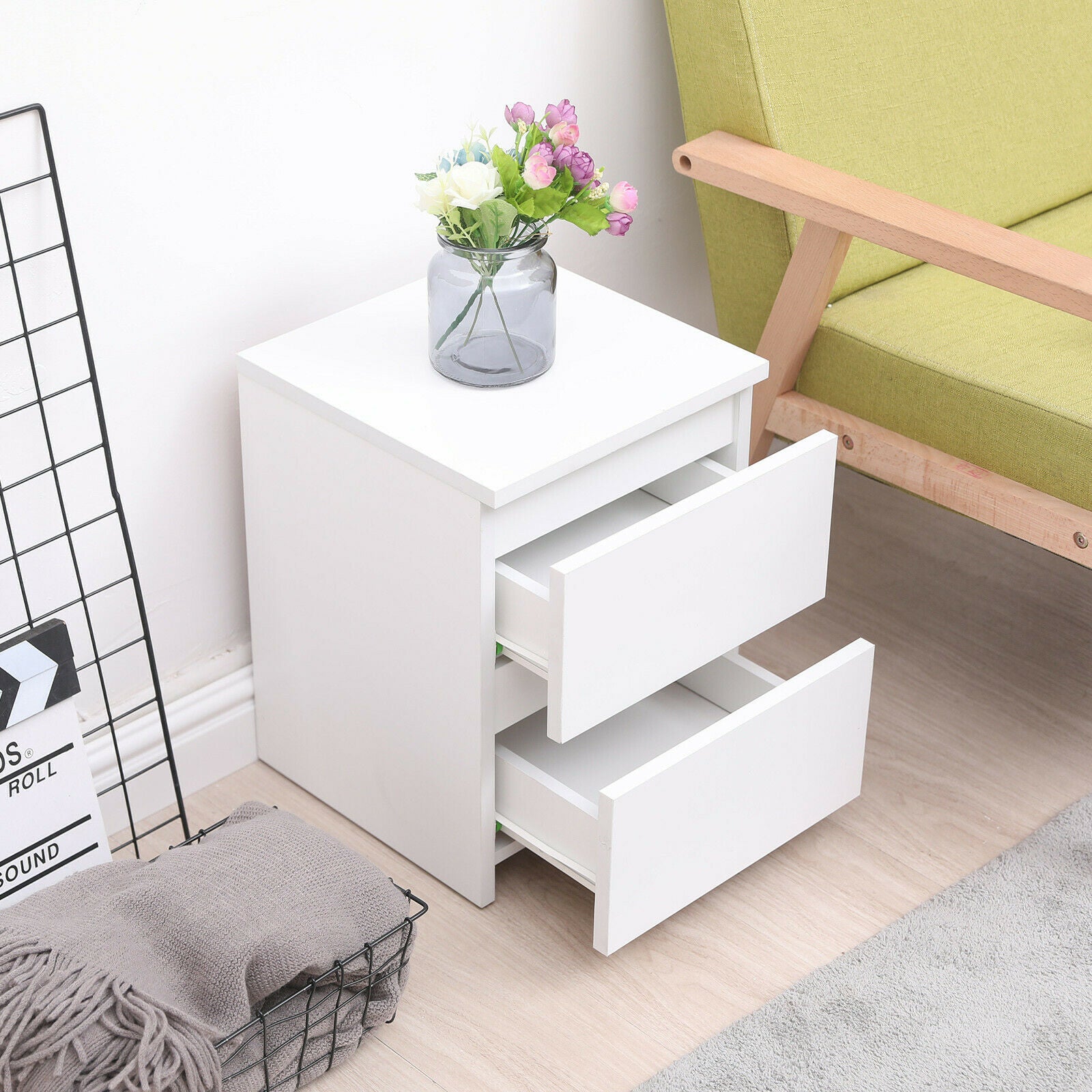 Modern White Bedside Table Cabinet w/2 Drawers Nightstand Storage Furniture