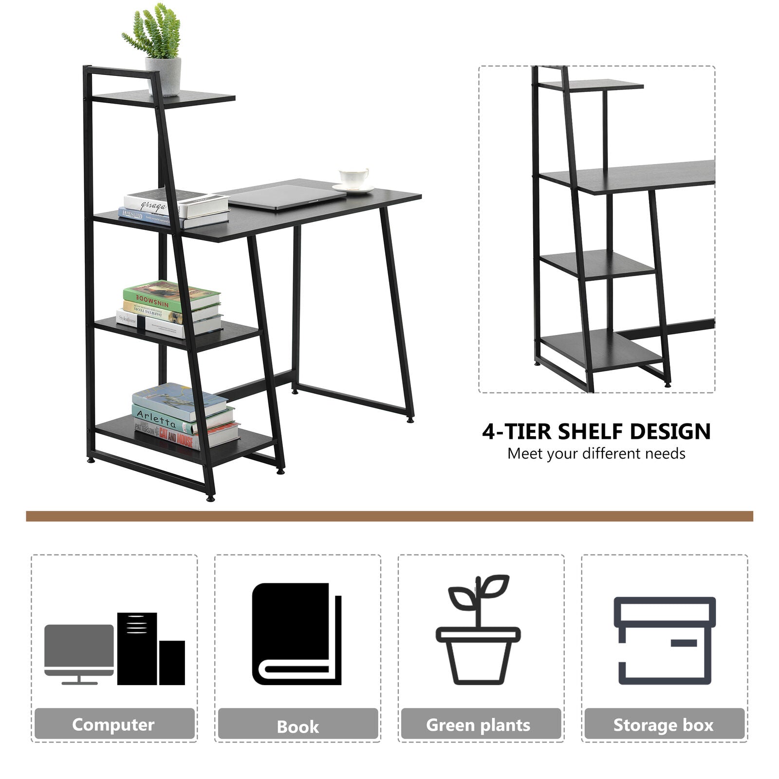 Computer Desk With 4 Tier Storage Shelves Desk Table with Bookshelf Home Office