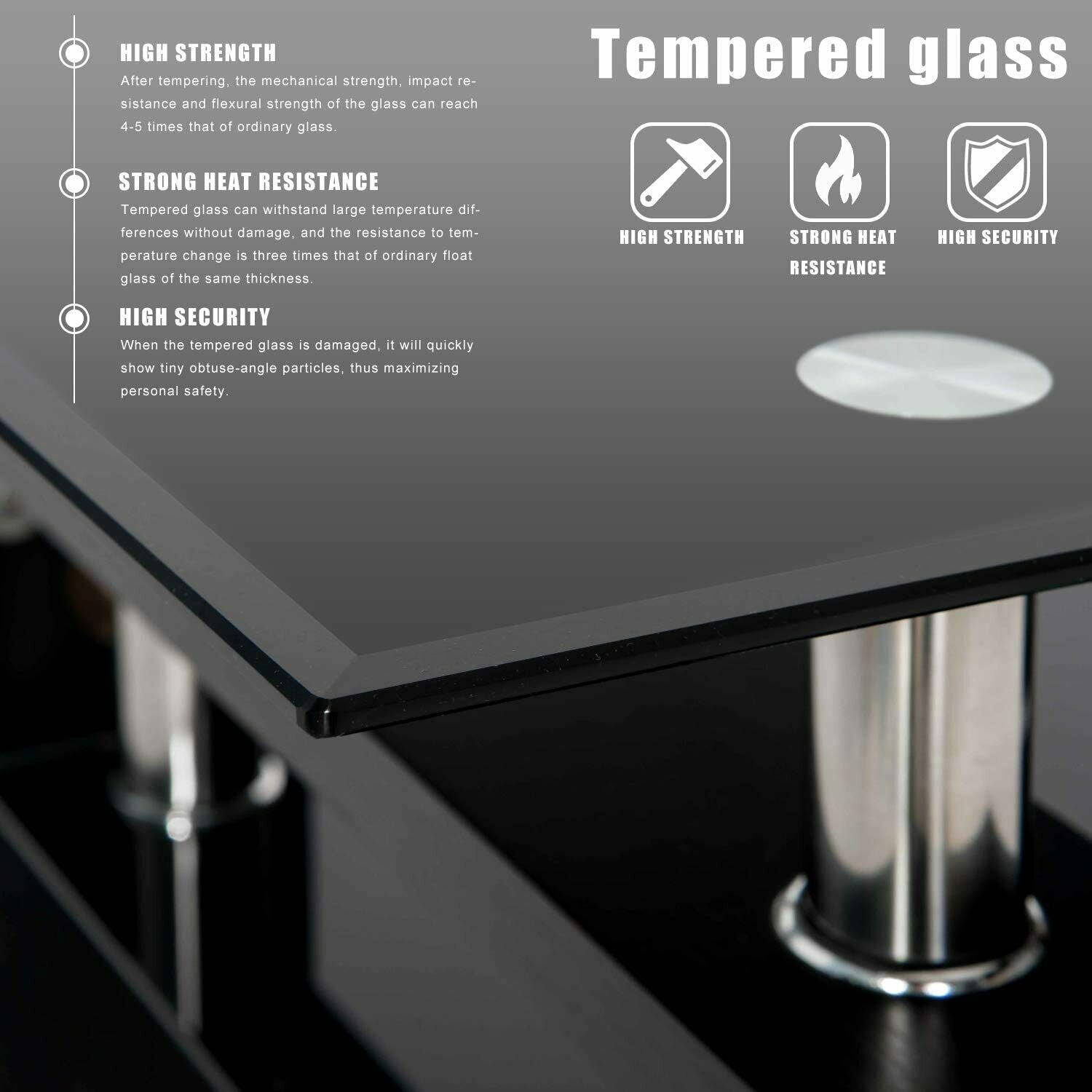 Tempered Glass Chrome Living Room Coffee Table, Black Modern Rectangle Tea Table