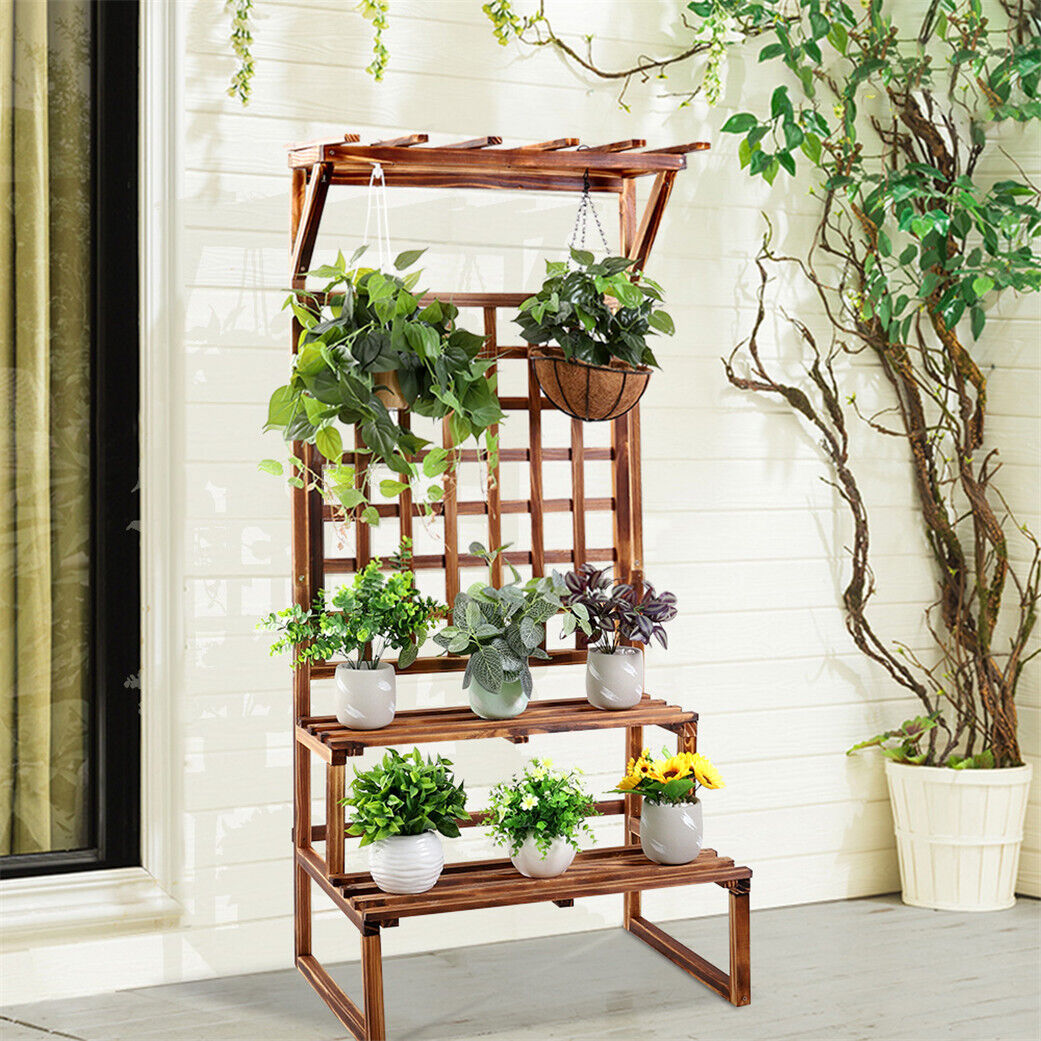 wooden indoor plant stands uk 3 Tier Wooden Plant Stand Flower Climbing Shelf Hanging Slats with Gri –  Quildinc