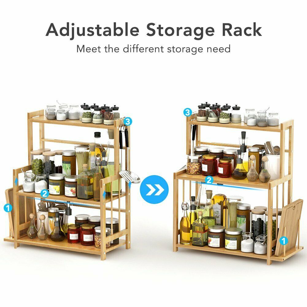 Standing Bamboo Spice Rack Kitchen Countertop Storage Organizer Adjustable Shelf