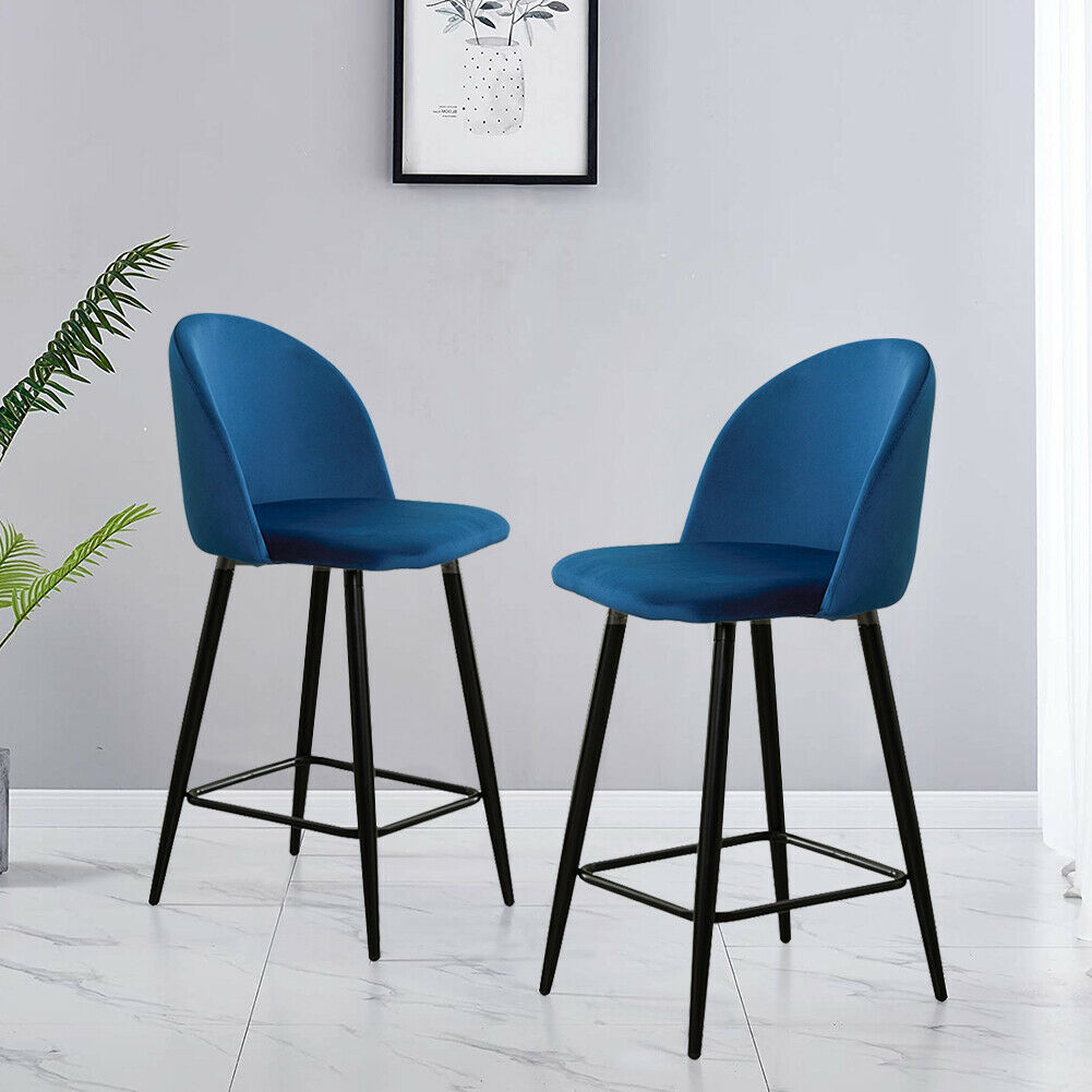 2× Grey Kitchen Breakfast Bar Stools Velvet Padded Seat Metal Legs Modern Pub