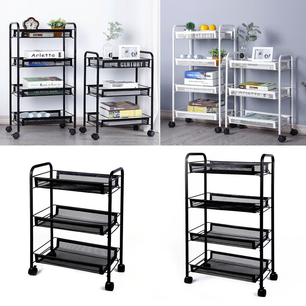 3 4 Tier Metal Mesh Rack BarStorage Trolley Cart Kitchen Bathroom Shelf w/Wheel