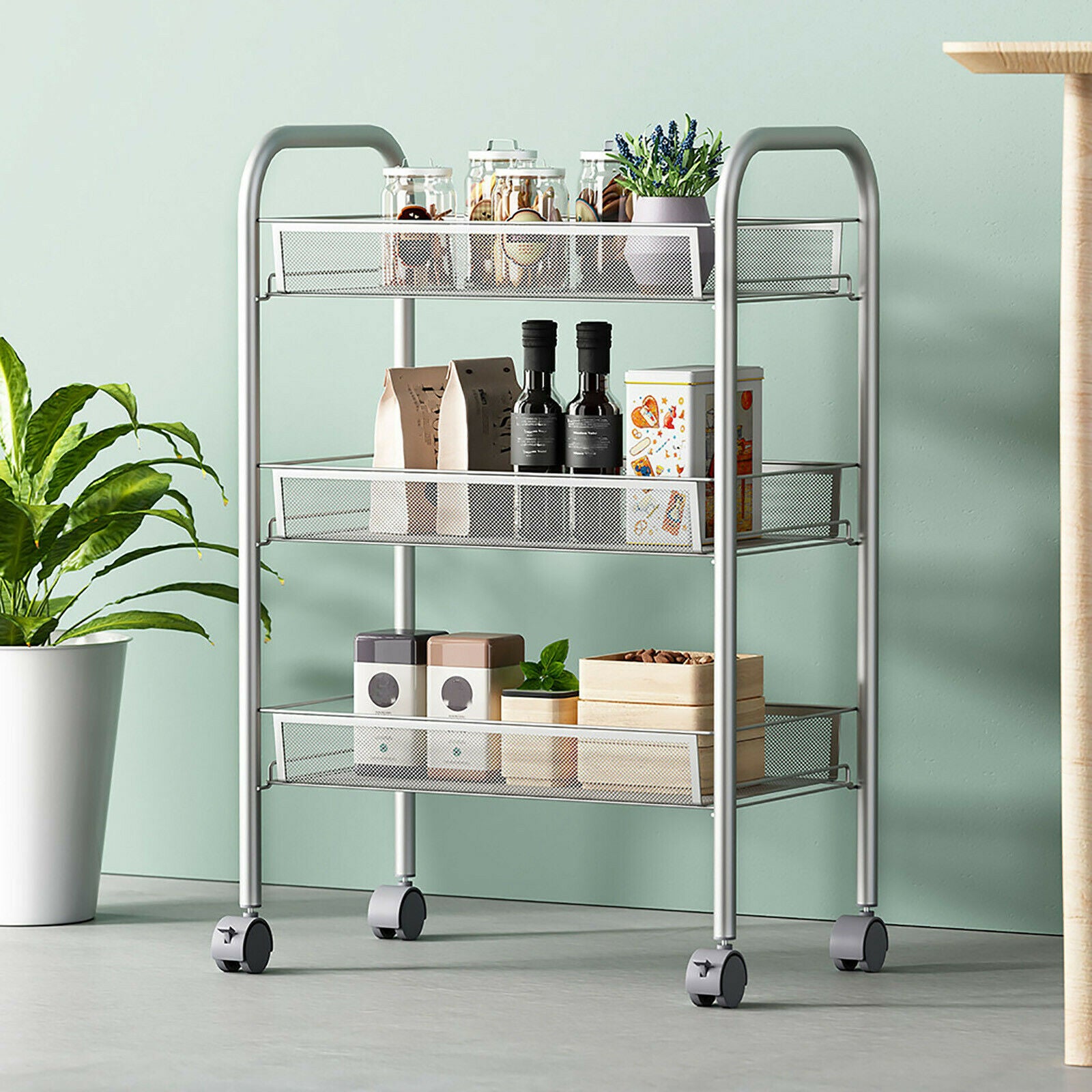 3-4-Tier Home Trolley Kitchen Storage Cart Steel Bars 4 Wheels Rolling Unit