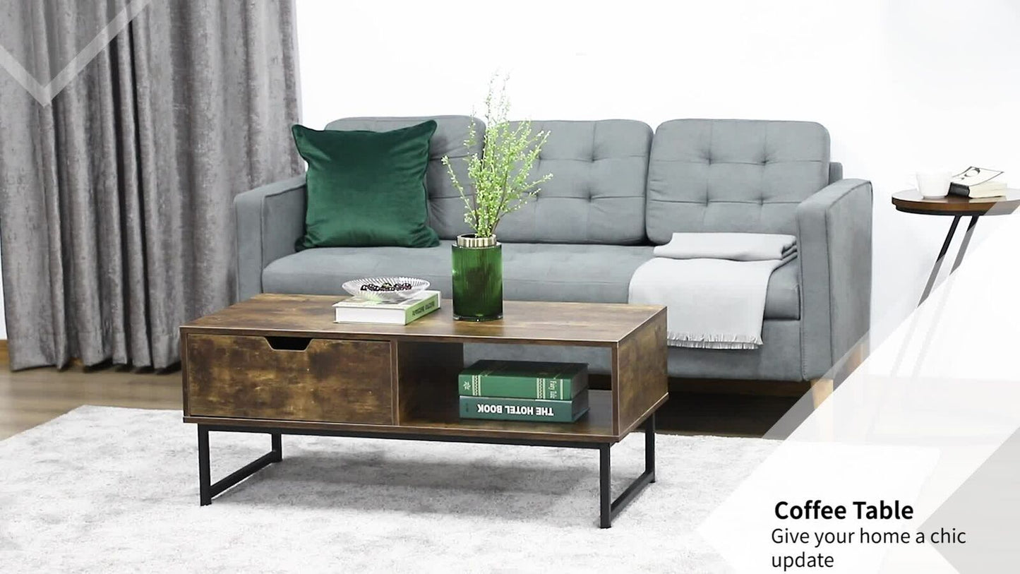 Industrial Coffee Table with Shortage Shelf & Drawer End Table Metal Frame Brown