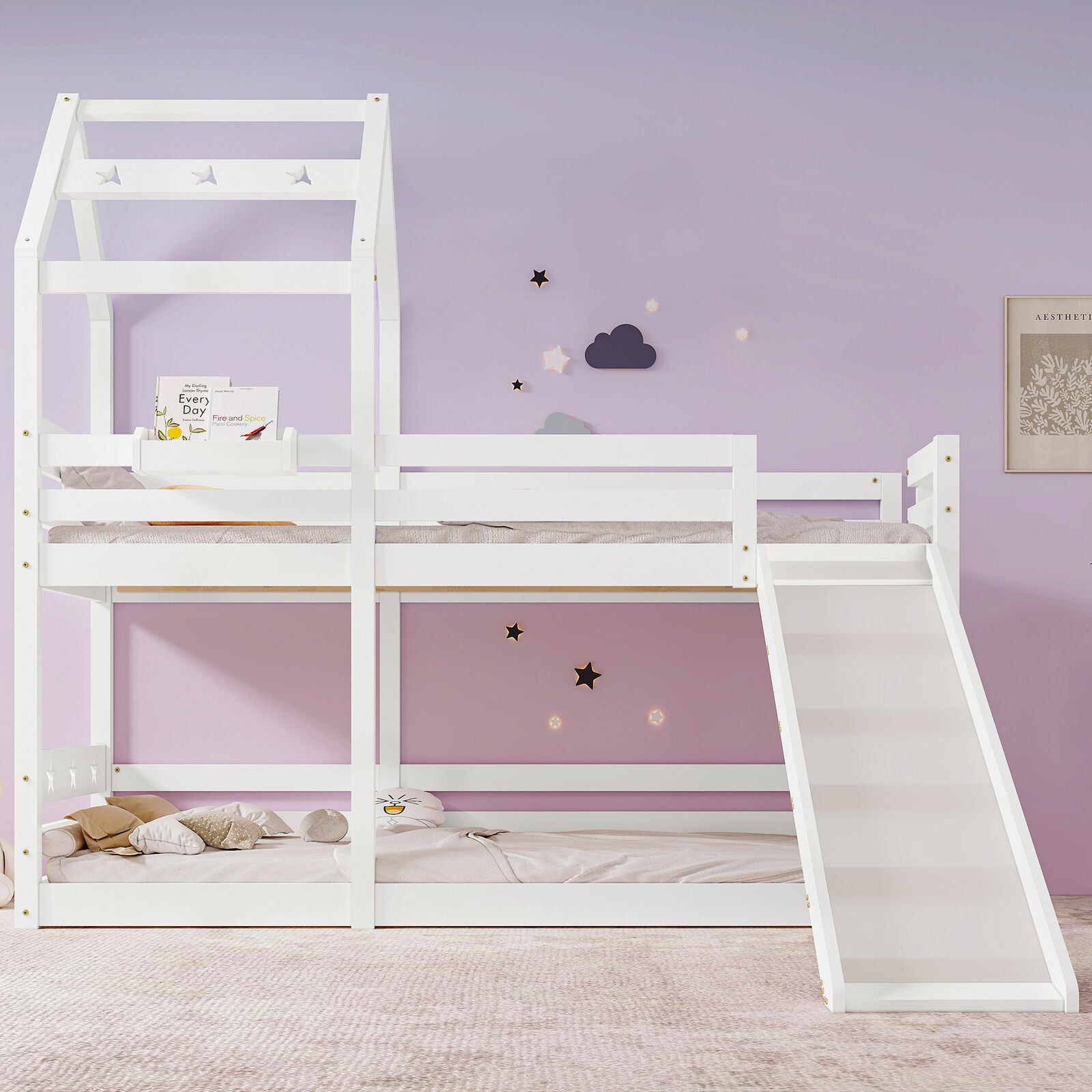 Kids Bunk Bed 3FT Single Pine Bed Frame High Sleeper Bed with Slide Ladder HT