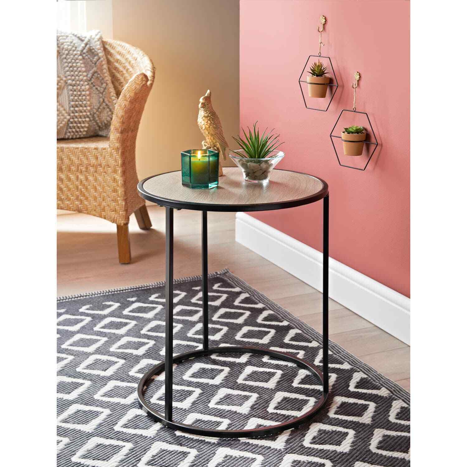 Round Tea Table Sofa End Side Oak Finish Black Metal Table Living Room Furniture