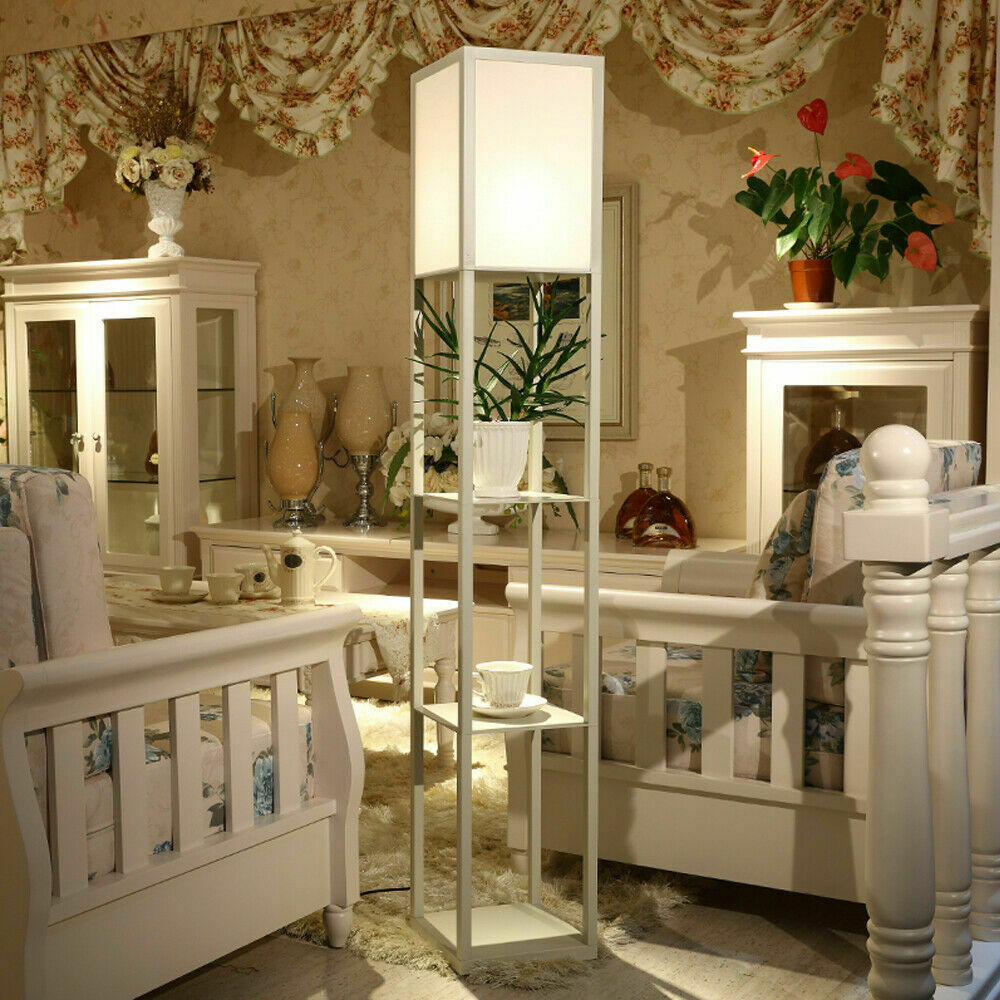 3-Tier Shelf Floor Lamp with Shade Free Standing Standard Light Storage White