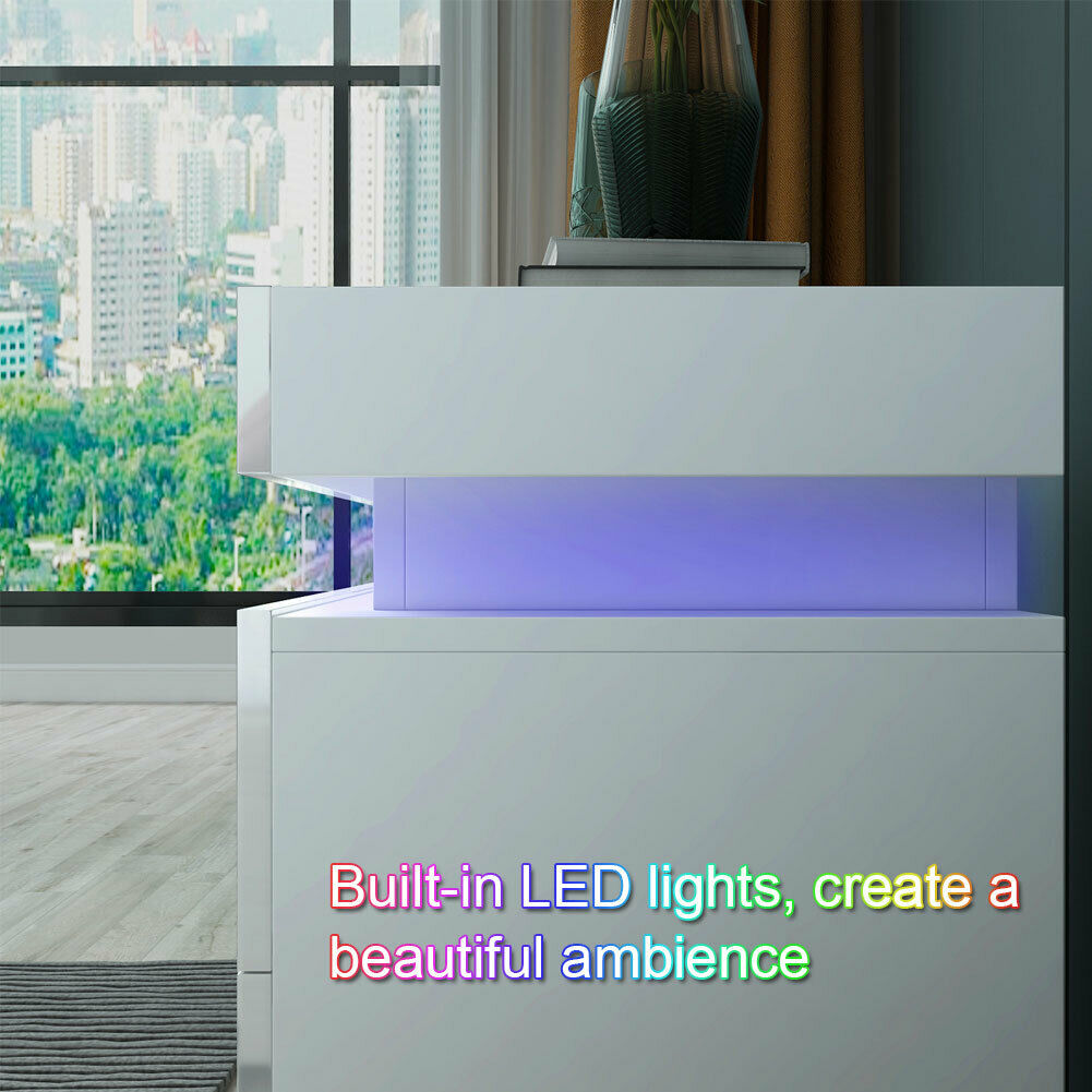 High Gloss Bedside Table Cabinet Bedroom Storage Nightstand with RGB LED Light