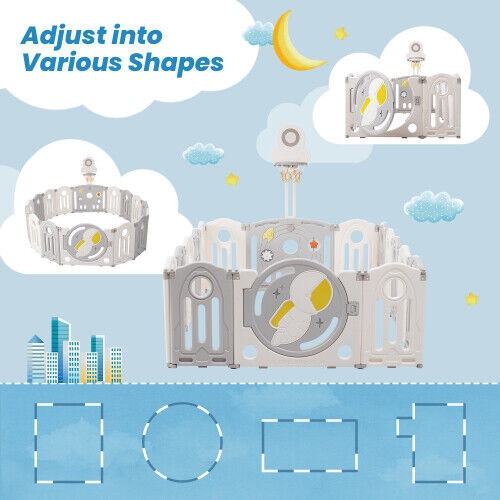 Foldable Baby Playpen with Activity Panel and Basketball Hoop 16 Panels Grey HT