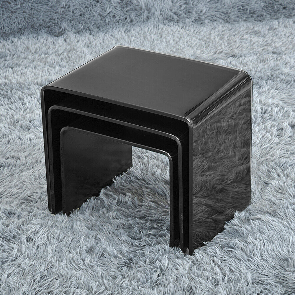 Set of 3 Glass Nest of Side Tables for Cafe Home Tea Coffee Curved Glass Table