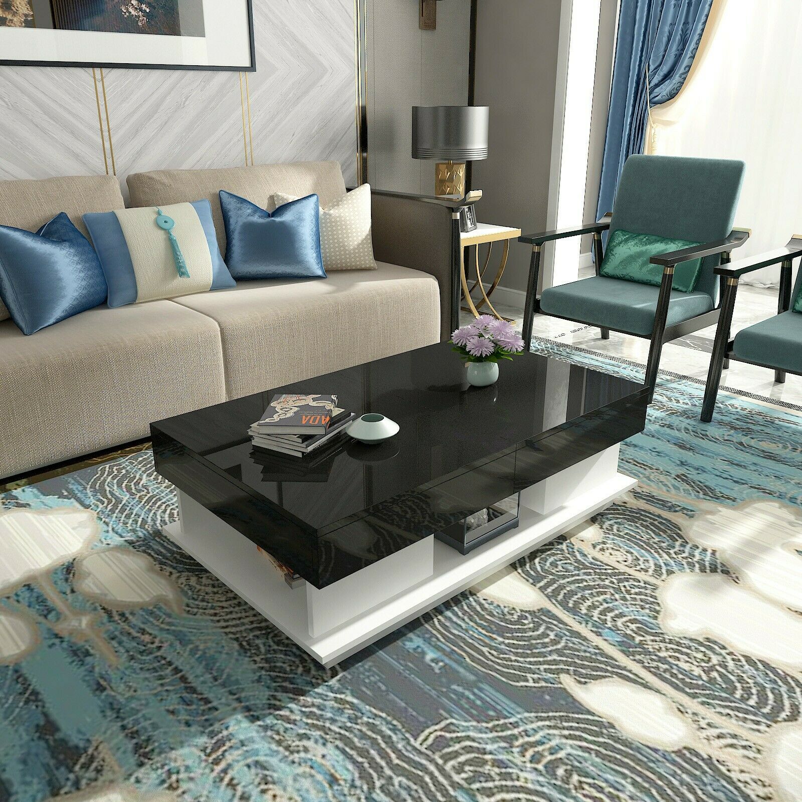 Modern High Gloss Coffee Tables End Side Table 2 Drawers Living Room White/Black